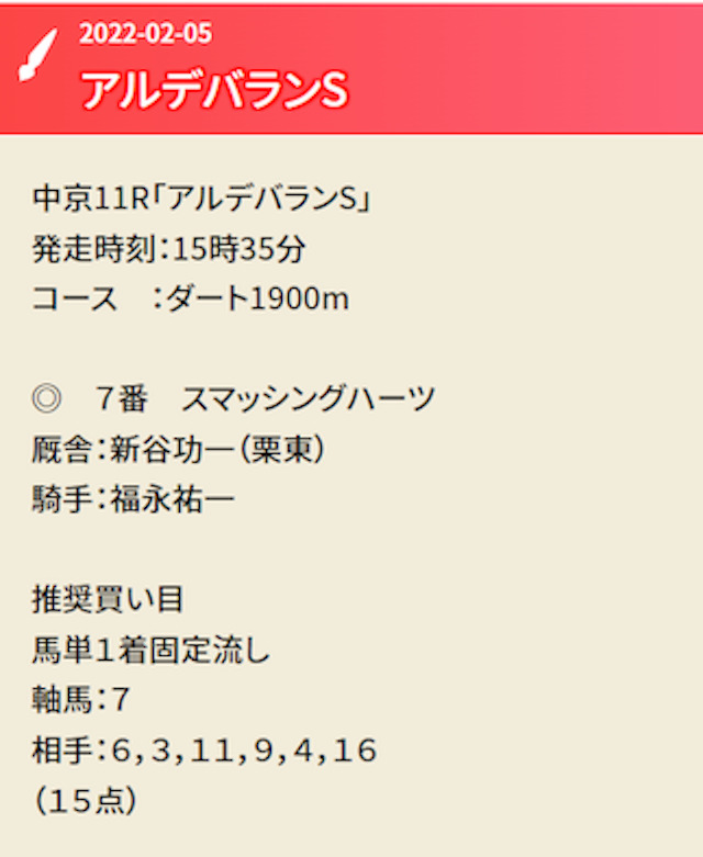 けいばーの　2022年2月5日　無料予想　買い目