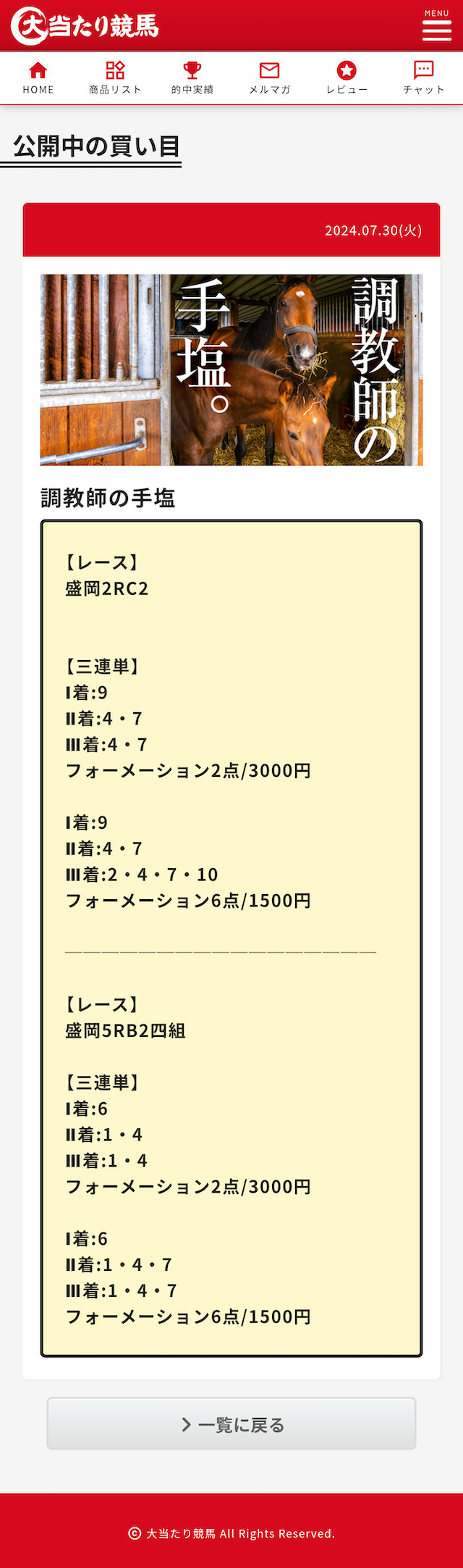 大当たり競馬の有料予想に参加した際の画像