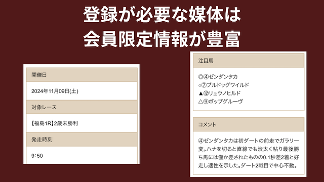 登録の必要がある競馬予想は会員限定情報が豊富であることを紹介する画像