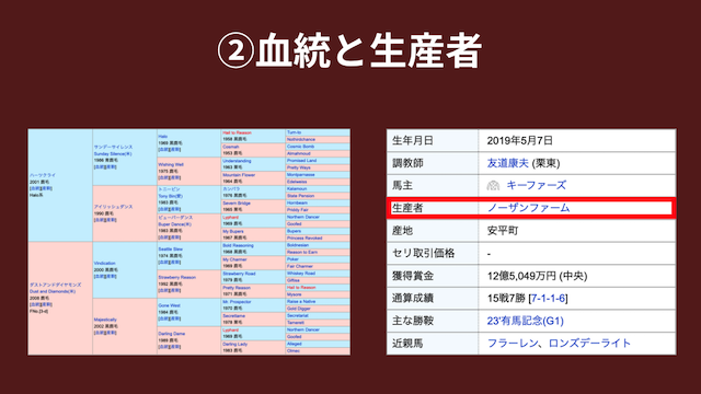 新馬戦の予想では血統と生産者が重要ということを紹介する画像
