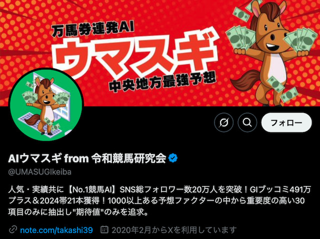 Twitterの競馬予想家「AIウマスギ」を紹介する画像
