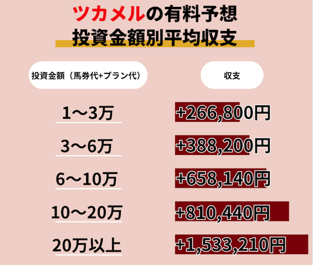 ツカメルという競馬予想サイトの有料予想の投資効率の良さを紹介する画像