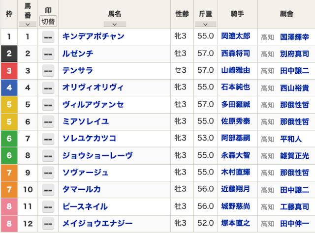 2026年4月25日高知ファイナルの出馬表