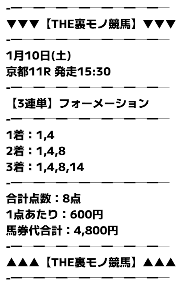 裏モノ競馬の有料予想26/01/11買い目