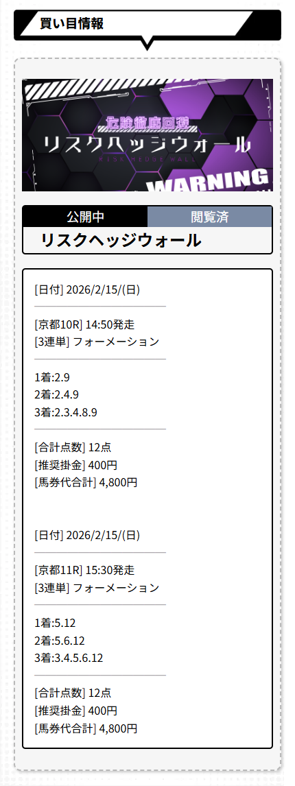 競馬レッドライナー　リスクヘッジウォール0215有料予想買い目