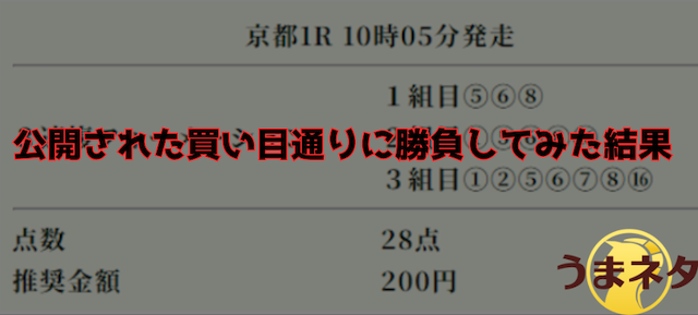買い目通りに勝負した結果を伝える画像