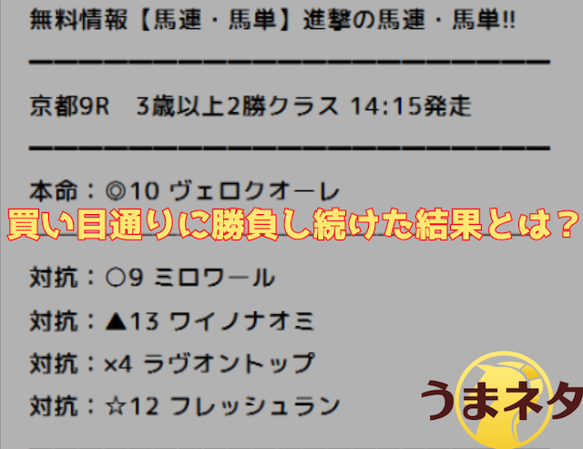 買い目通りに勝負した結果を伝える画像