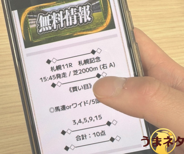 ニジュウマルが公開している無料予想の買い目の様子